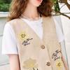 CHUYU Floral Embroidery Linen-Blend V-Neck Vest