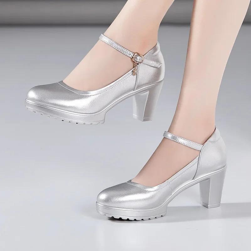 Fashion Cowhide Women's High Heel Shoes with Heels Platform Mary Jane Shoes Women Pumps Office Work Shoe Women's Wedding Shoes 32-43