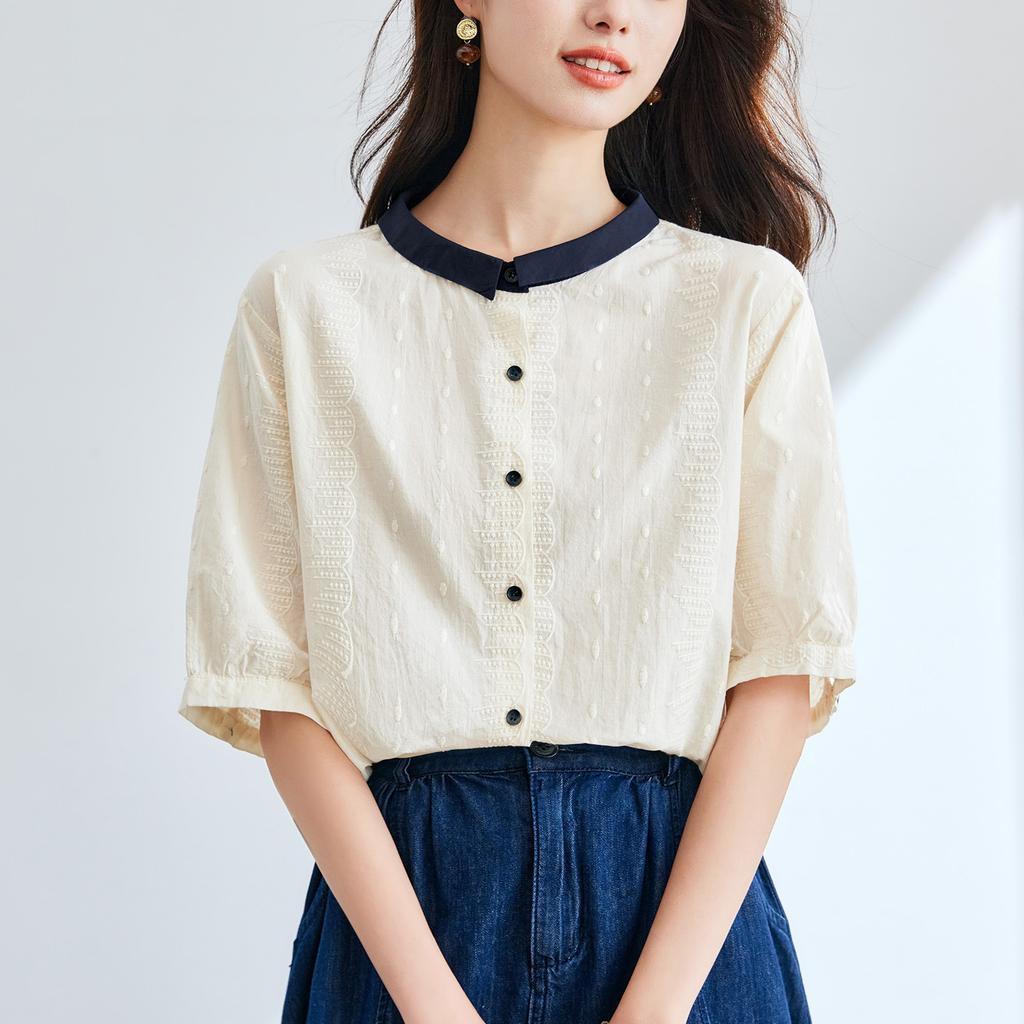 Bluzka biała z kołnierzykiem w bloki kolorystyczne, haftowana, na lato, nowa, do dojazdów do pracy, casualowa, damska, w stylu koreańskim, wszechstronna koszula kardigan