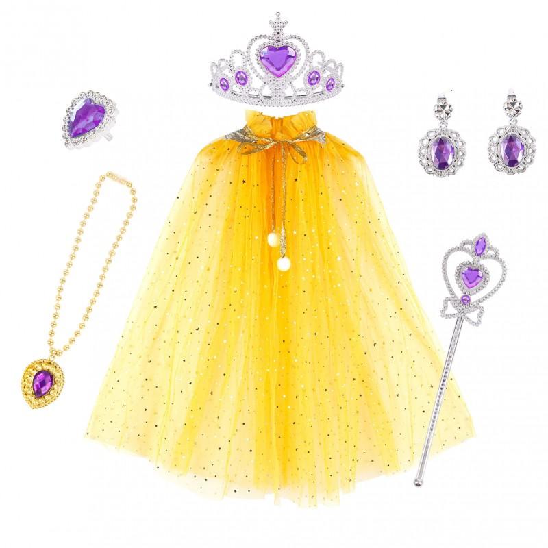 Girls Princess Dress Up Set Cape Wand Crown Jewelry 6pcs Kids Pretend Play Toys