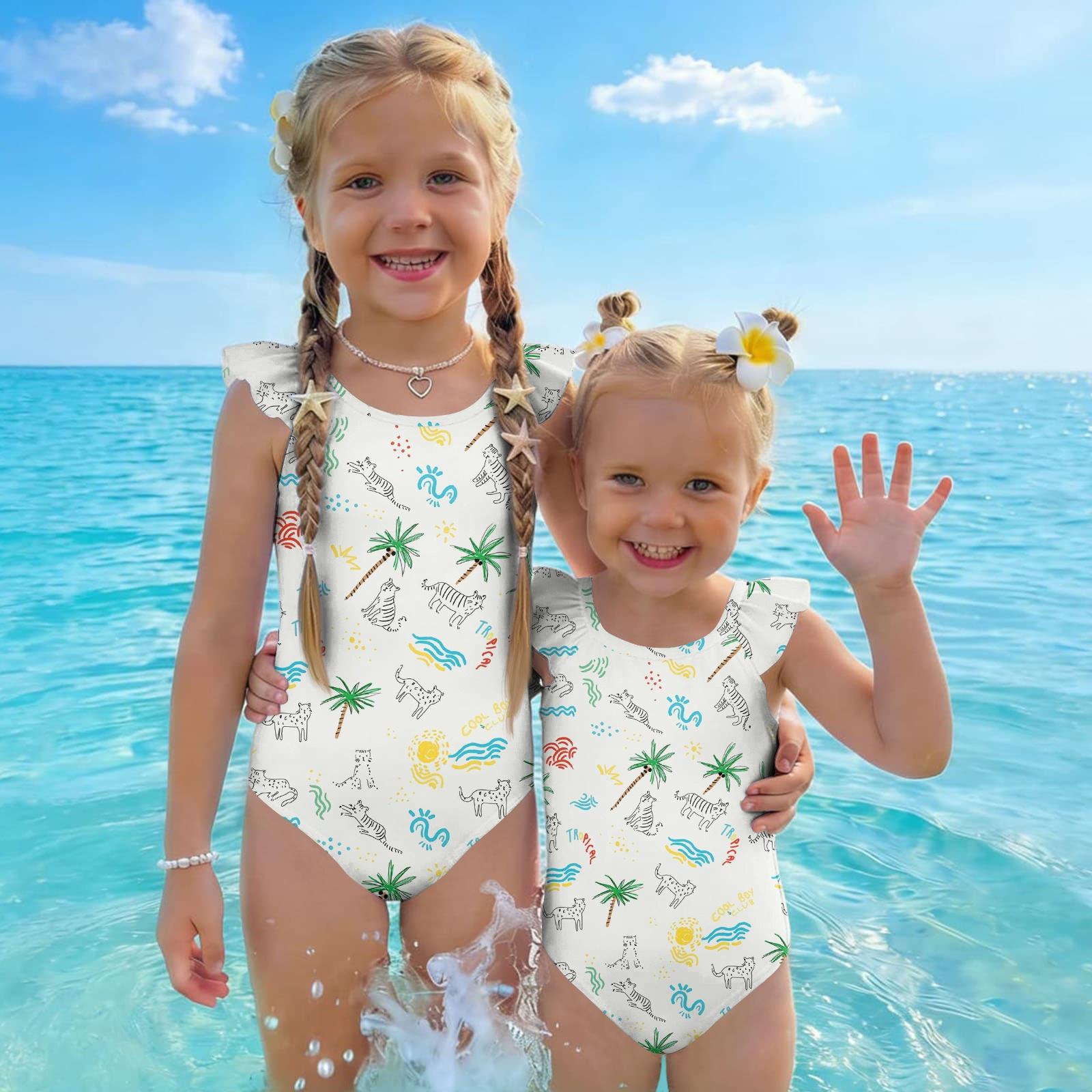 

Girls One Piece Swimsuit Summer Hawaiian Print Sleeveless Ruffle Shoulder Beach Swimwear Casual Fit 120 білий