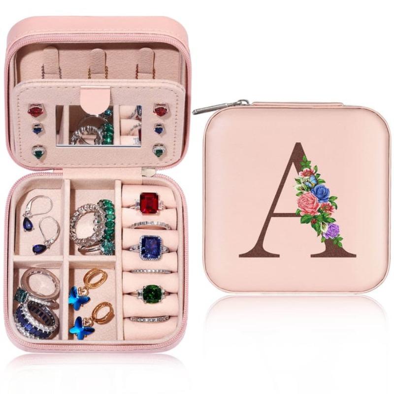 PU Jewelry Box Storage Mirror Box 26 Printed Letter Jewelry Box Portable Jewelry Storage Box Earring Ring Box