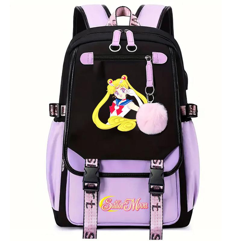 Sailor Moon Cute Anime Printed Student School Bag USB Interface Large Capacity Canvas Bag Computer Bag