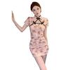 New Chinese-Style Cheongsam with Pleated Frog Button & Hollow-Out Design - Short, Hip-Hugging, Sexy Dress.
