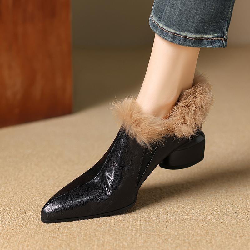 Autumn Women's Plush Warm Ankle Boots Elegant Pointed Toe High Heels Elastic Band Slip-on Chelsea Boots Fashion Block Heel Shoes