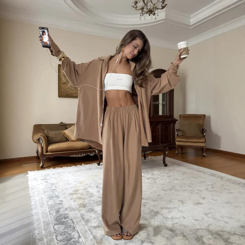 Retro atmosphere casual two-piece set, loose oversize lapel shirt high waist drop wide leg trousers