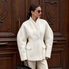 Womens Winter Wool Blend Coat Short Style Stand Collar Puffed Sleeve Loose Fit Elegant Office Wear