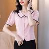 Women's Summer Pink Peter Pan Collar Puff Sleeve Slim Fit Blouse