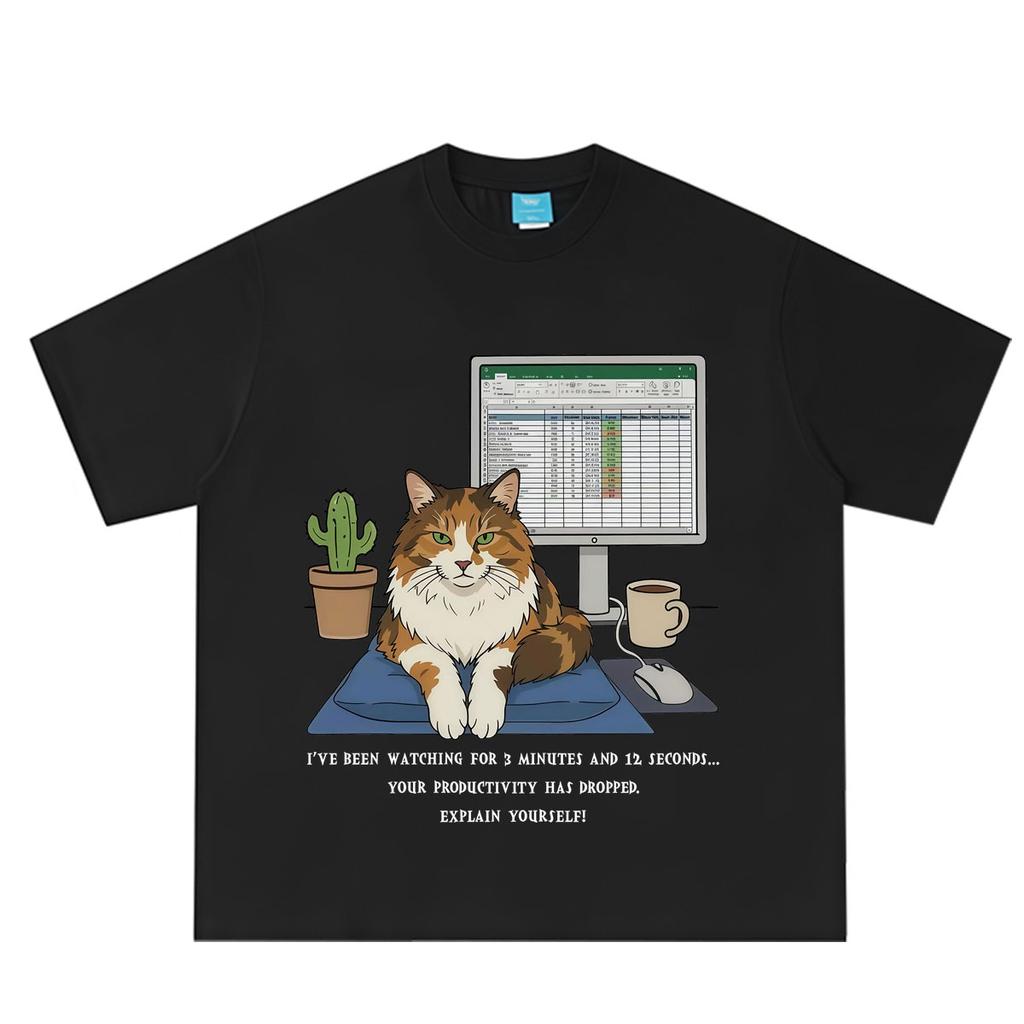 Cat Working Overtime Funny Meme Tshirt Unisex Unisex Fashion Tshirt Summer Shortsleeved Loose Casual Cotton Tshirts Streetwear