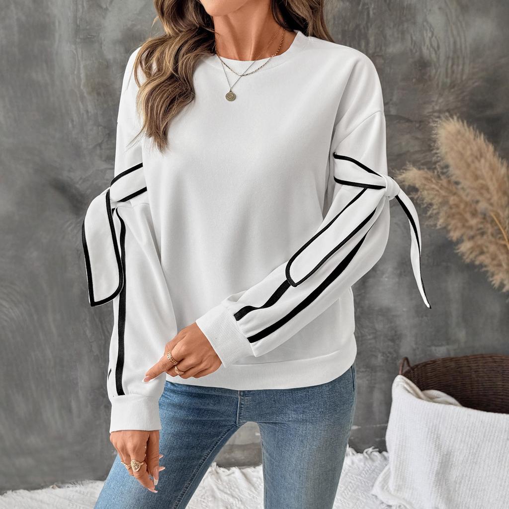 Autumn's New Contrasting Color Three-dimensional Bow Round-neck Long-sleeved Pullover Hoodie for Women