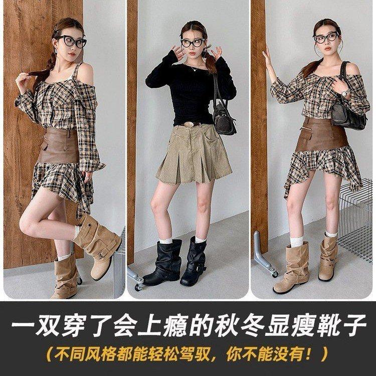 Fashion Boots~ Inner Height Increasing Western Cowboy Pile Boots Women's 2025 Fall Pleated Pants Short Boots Vintage Boots