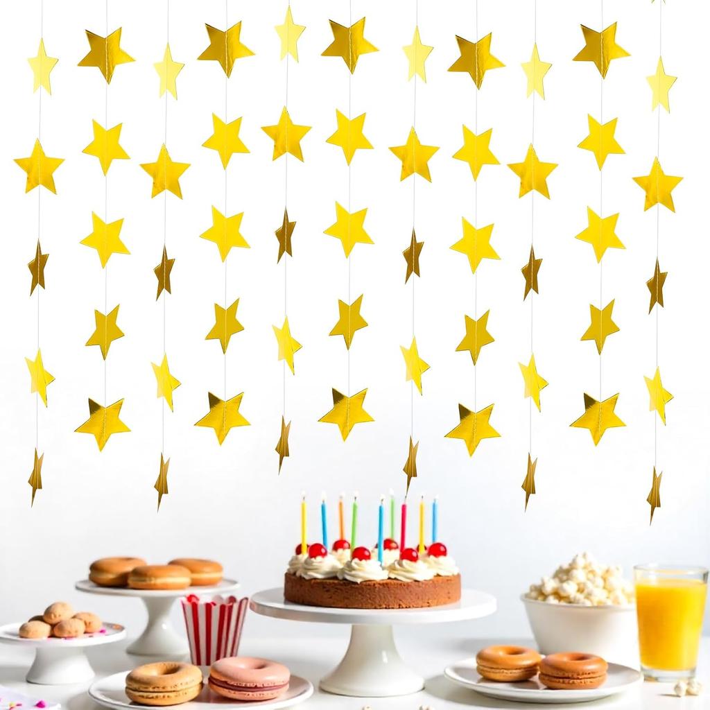 65 Feet Gold Star Garland - Double Sided Paper Star Garland Decorations - Hanging Stars Streamers Party Decorations for Graduation Wedding Birthday