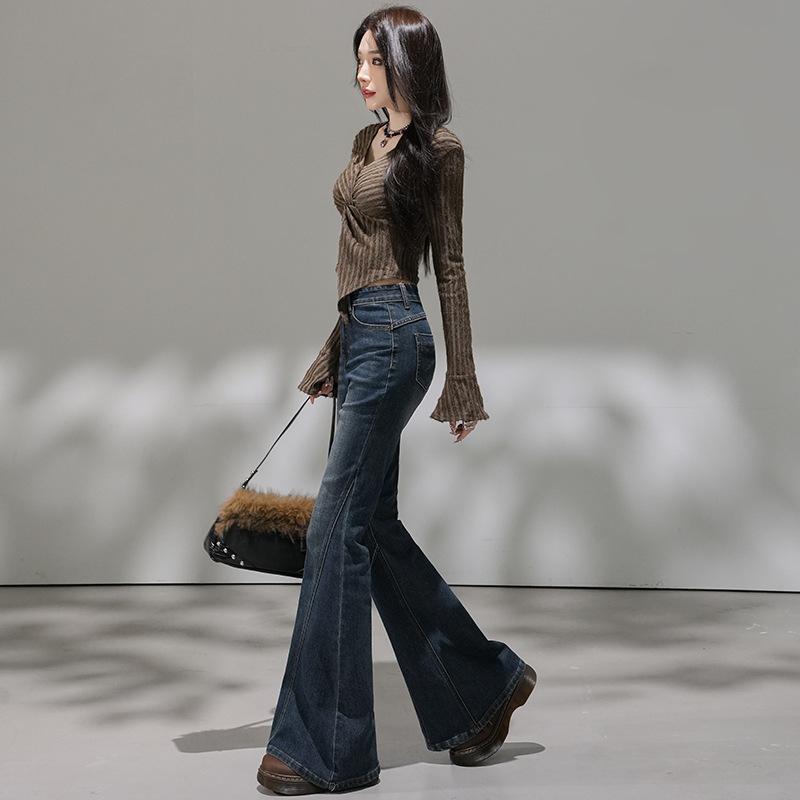 Retro blue denim micro-pull pants women's autumn new splicing elastic flared pants nine points/trousers