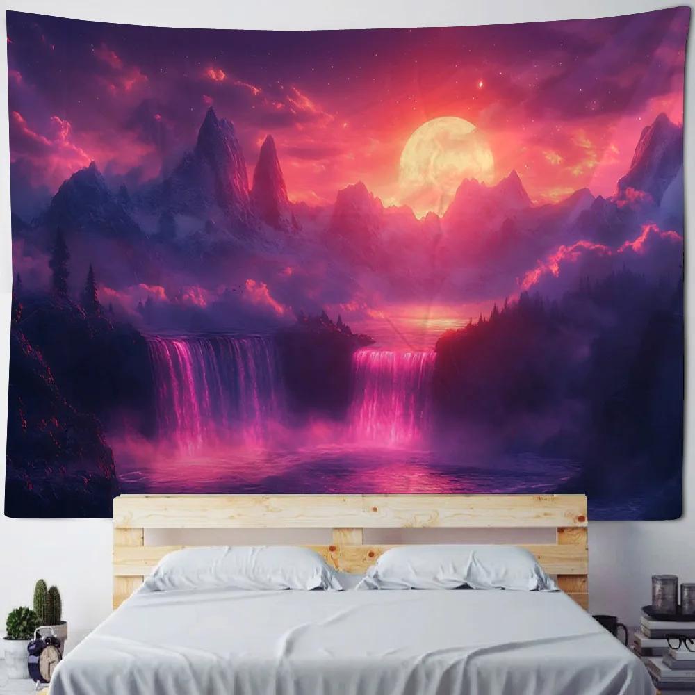 Dreamy Starry Sky Landscape Tapestries Moon Stars Hippie Home Decor Bedroom Dormitory Wall Hangings Artistic Backgrounds