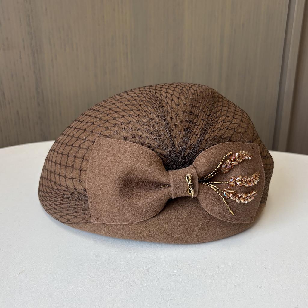 Autumn And Winter New Mesh Rhinestone Bow Wool Beret Female French Retro Painter Hat Elegant Temperament Top Hat