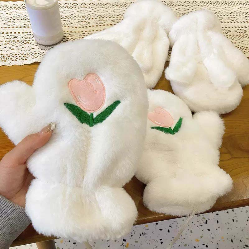 WTEMPO Solid Color Autumn Winter Warm Plush Mittens Women's Cute Tulip Patterned Embroidered Gloves Windproof Cold-proof Cycling Hanging Neck Gloves