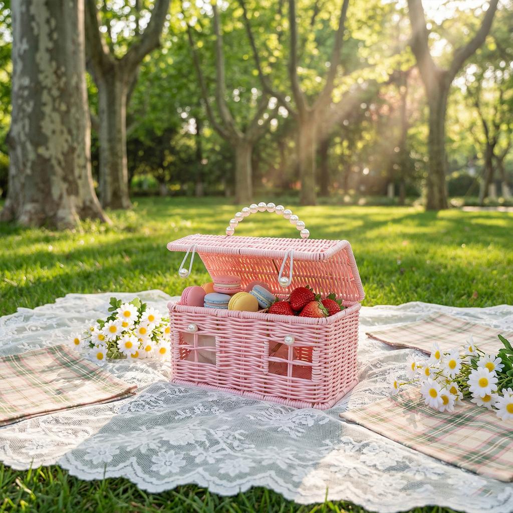 This Plastic Rattan House-shaped Basket, With A Lid And Folding Handle, Is Perfect For Picnics, Easter, Tidying Up, And Other Occasions.