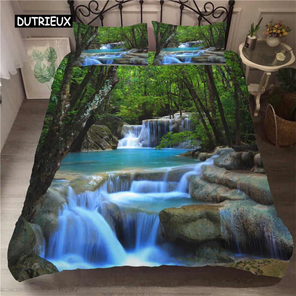 Sada povlaků na přikrývku Vodopád Přírodní scenérie Povlak na přikrývku Povlak na polštář Krajina Les Vodopád Queen Size Polyester Povlečení