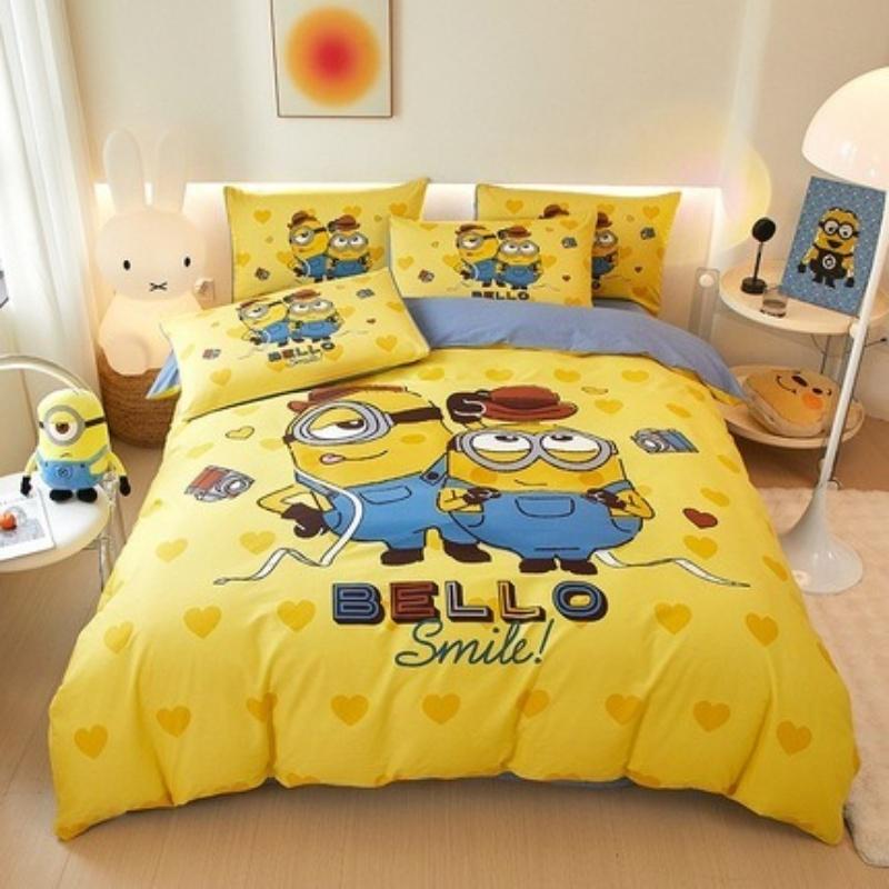 Duvet Pillowcase, Minion Home Bedroom Bedding Set Cute Print, Boys, Girls and Children's Cartoon Three-Piece Set 155x220cm