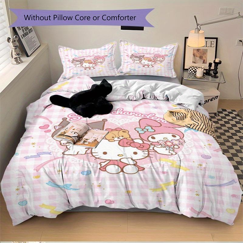 3pcs Grid My Melody Hello Kitty Kuromi Bedding Set - Includes 1 Quilt Cover and 2 Pillowcases, Comfortable Bedding with Stylish Design for B