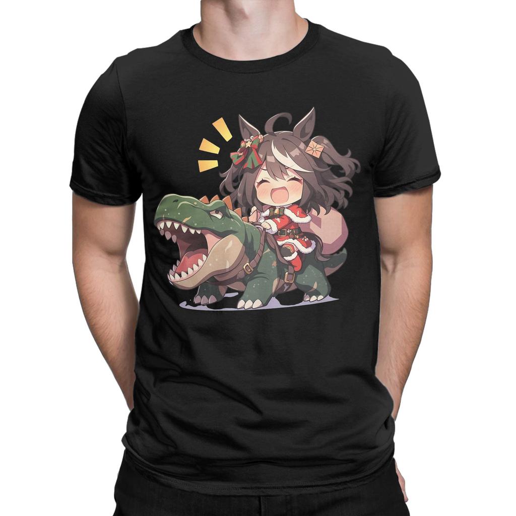 Men's Kitasan Black Riding Christmas Dinosaur T Shirts Uma Musume Pretty Derby Pure Cotton Short Sleeve O Neck Tees T-Shirts
