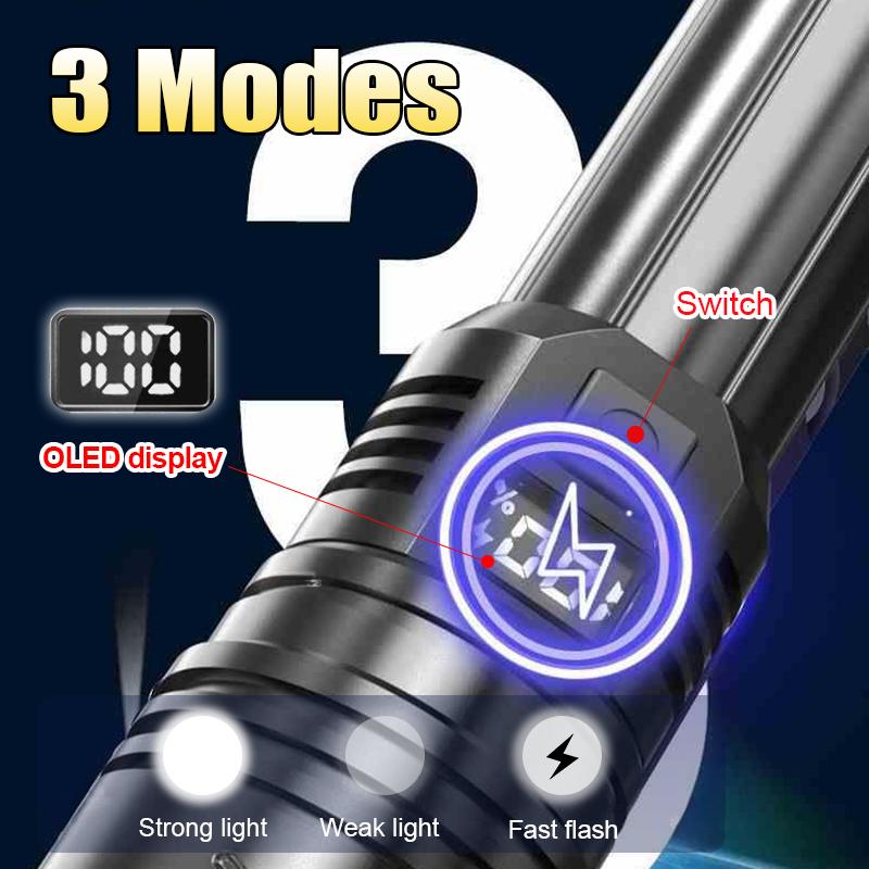 Powerful LED Flashlight Rechargeable Type-c Flashlight High Power Long Range Torch Strong Light Camping Fishing Lantern