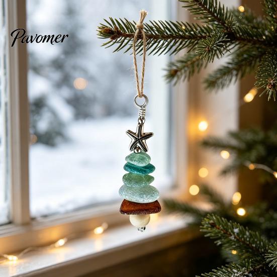 Exquisite Christmas Tree Decoration Sea Glass Ornament, Handmade Starfish Hanging Decorative Bag Charm for Vacation Decoration, Coastal Style Pendant