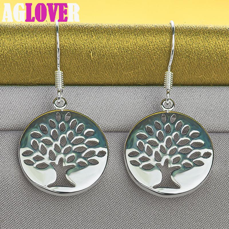 925 Sterling Silver Circle Tree Drop Earring Charm Jewelry