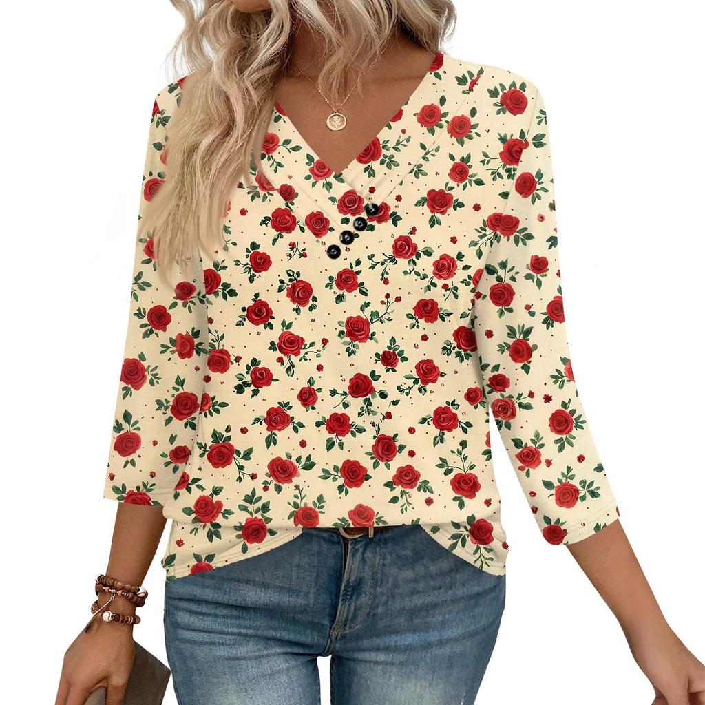 Women's Print Top Button-down V-neck T-shirt 3/4 Sleeve Loose Fashion Top