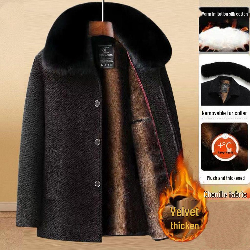 Men's Mid-Age & Elder Plus Velvet Thick Wool Coat - Winter Mid-Length Overcoat for Dad & Grandpa