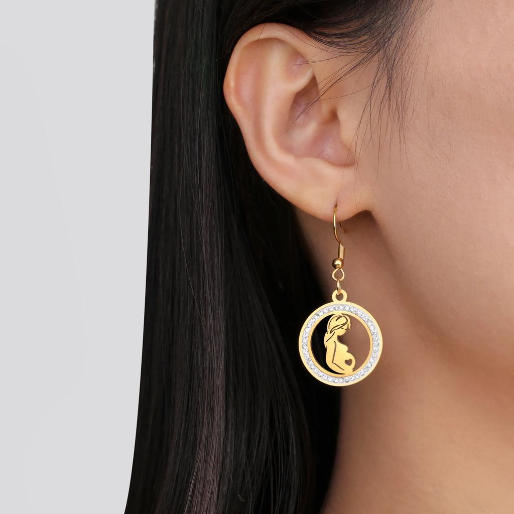 Cazador Clear Zircon Mom Baby Pregnant Mother Round Dangle Earrings Stainless Steel Jewelry Earrings Mother's Day Gift 2026