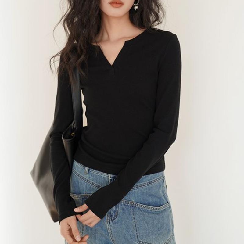 

Цветочный серый топ с V-образным вырезом и обычным плечом, вязаный базовый слой, женская футболка с длинным рукавом для ранней осени, однотонная, для женщин XL чёрный