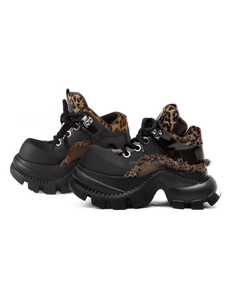 Fashion Punk Style Women Black Leopard print Metal Lace-up Heel Height Platform Shoes Gothic  Sneakers Women Ankle Boots 2025 New