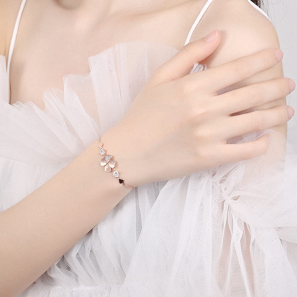 Four Leaf Clover 925 5A 18K Pink Gold Venetian For Lucky Gift Box Included Women's Bracelet, Bangle, Bracelet, Silver, Zirconia, Plated,