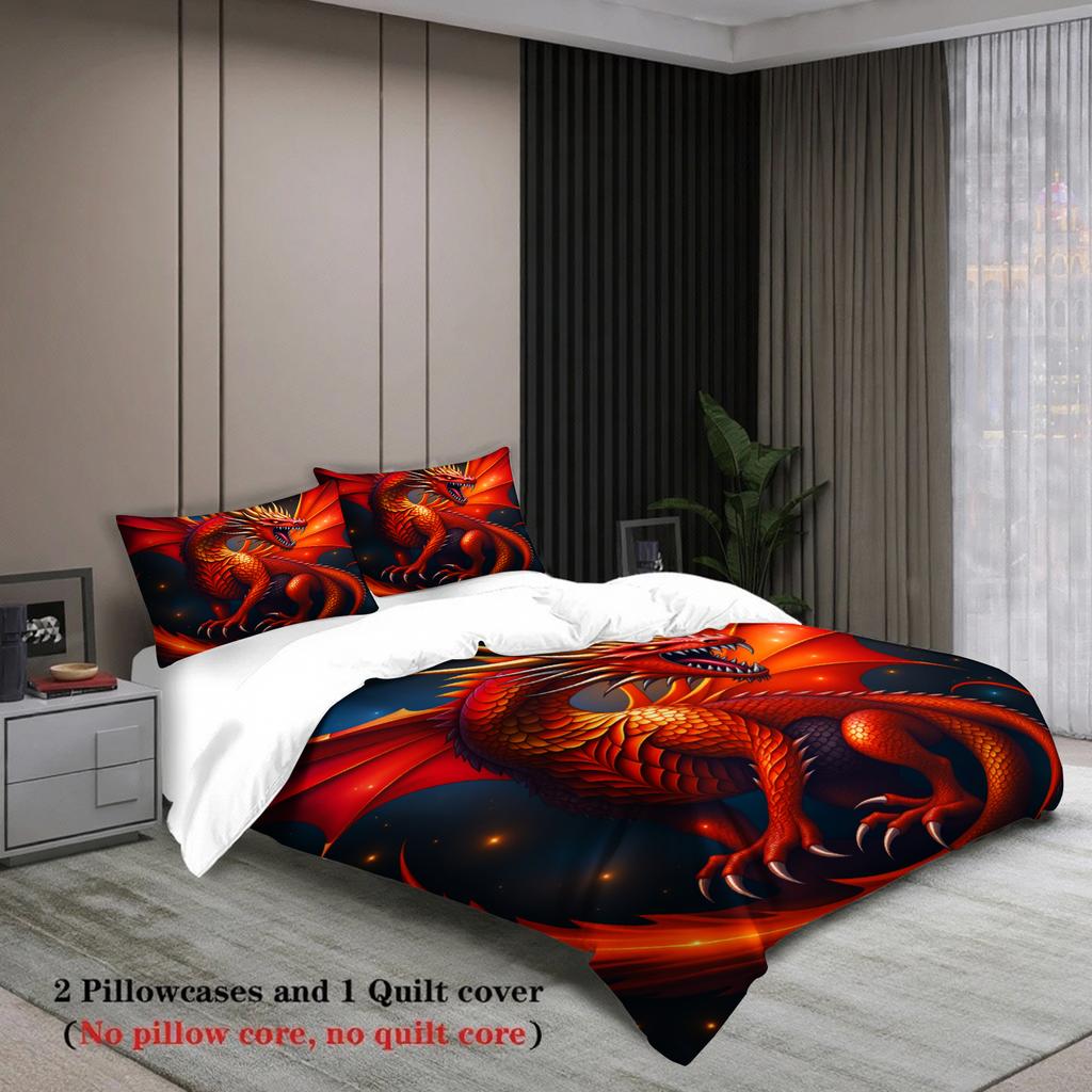 3pcs Dragon Bedding Sets 3D Printed Red Dragon Breathable Anti-Slip Easy Care Duvet Cover Sets With Pillowcases No Filling