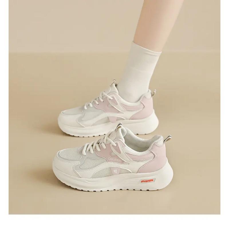Women's Pink White Chunky Sneakers Breathable Mesh Lace-up Platform Casual Walking Shoes