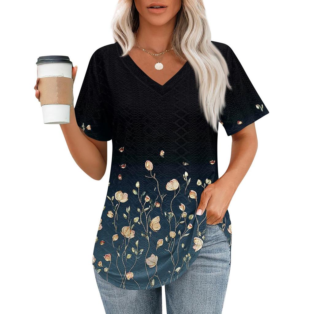 Womens T Shirts V Neck Short Sleeve Casual Tops Loose Fit Basic Tees With Curved Hem