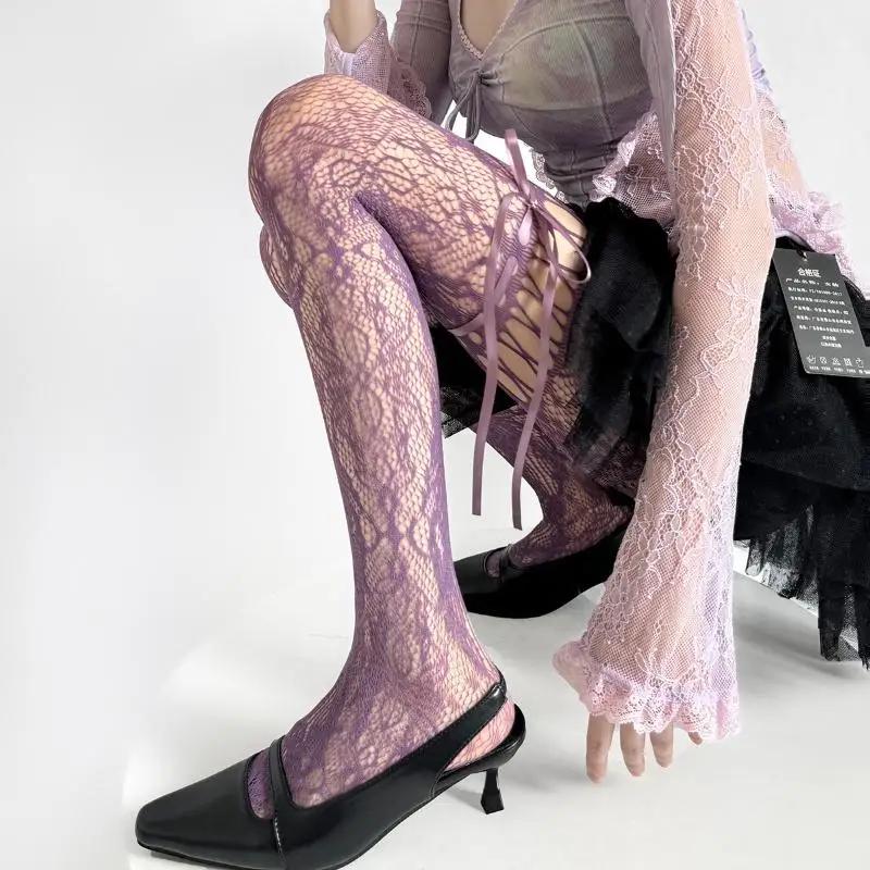 Hollow Lace Mesh Stockings with Bow Tie Pantyhose Lolita Retro Floral Vine White Black Purple Blue Grey Stockings for Women