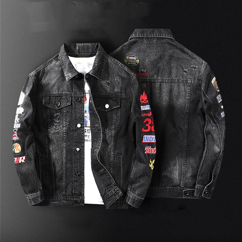 Herren Europäischer Stil Retro Bestickte Zerrissene Jeansjacke