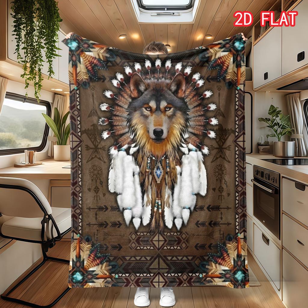 Native American Wolf Headdress Print Flannel Blanket, Tribal Animal Throw for Bed Sofa Couch, Soft Cozy Lightweight Cover