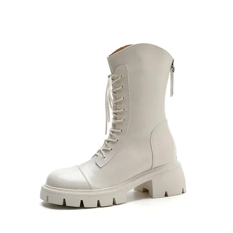 Autumn New Style Women's Boots Lace Up Mid Follow Round Head Fang Hei Rubber Wear-resistant Sole Platform Shoes Outdoor Leisure