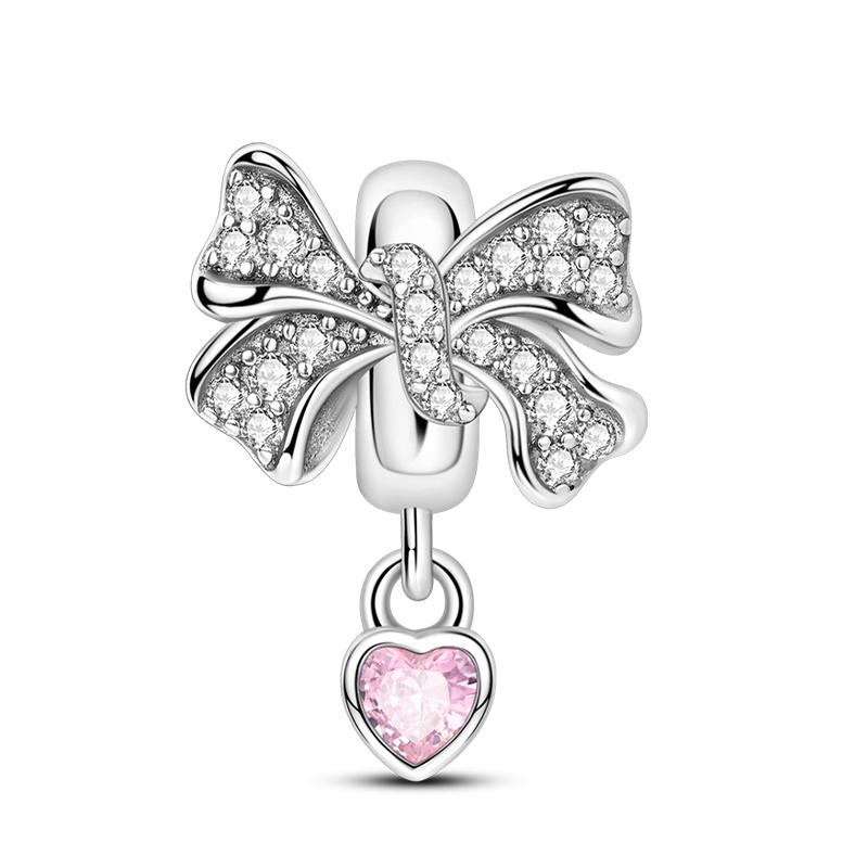 Copper Bow Charms Copper Pink Heart-Shaped Bow Pendants Charms Beads Fit Original Bangle Bracelets Diy Jewelry