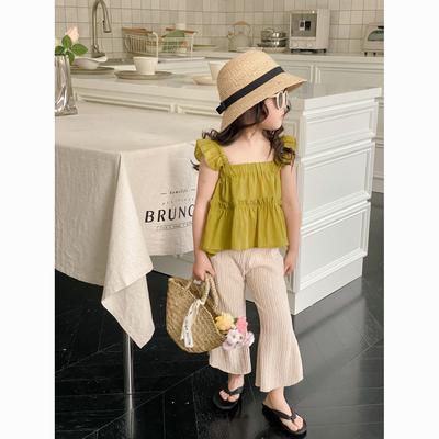 Mädchen Sommer Frisch Dünner Abschnitt Set Mittel- und Kleinkinder Rüschen Neckholder Top + Schlaghose Zweiteiliges Set