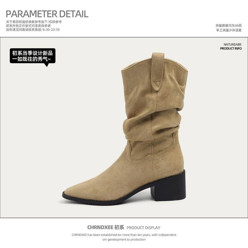 Lan Cabinet Edition~ Frosted Suede V-mouth Western Cowboy Boots Women's Retro Wind Middle Boots High Heel Sleeve Stacking Boots
