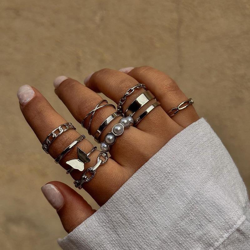 Alloy Butterfly Ring Jewelry Personalized Women's Irregular Pearl Pair Ring Stacked Wearing Ring Set