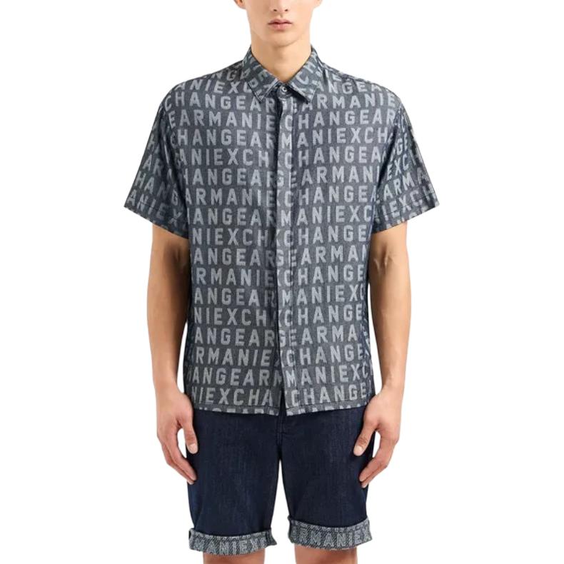 Armani Exchange Letter Print Single Breasted Point Collar Short Sleeve Shirt Men Shirts Gray 3DZCD4-Z1WAZ-05HC
