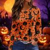 Women's Halloween Print Long Sleeve Round Neck Top with Split Hem
