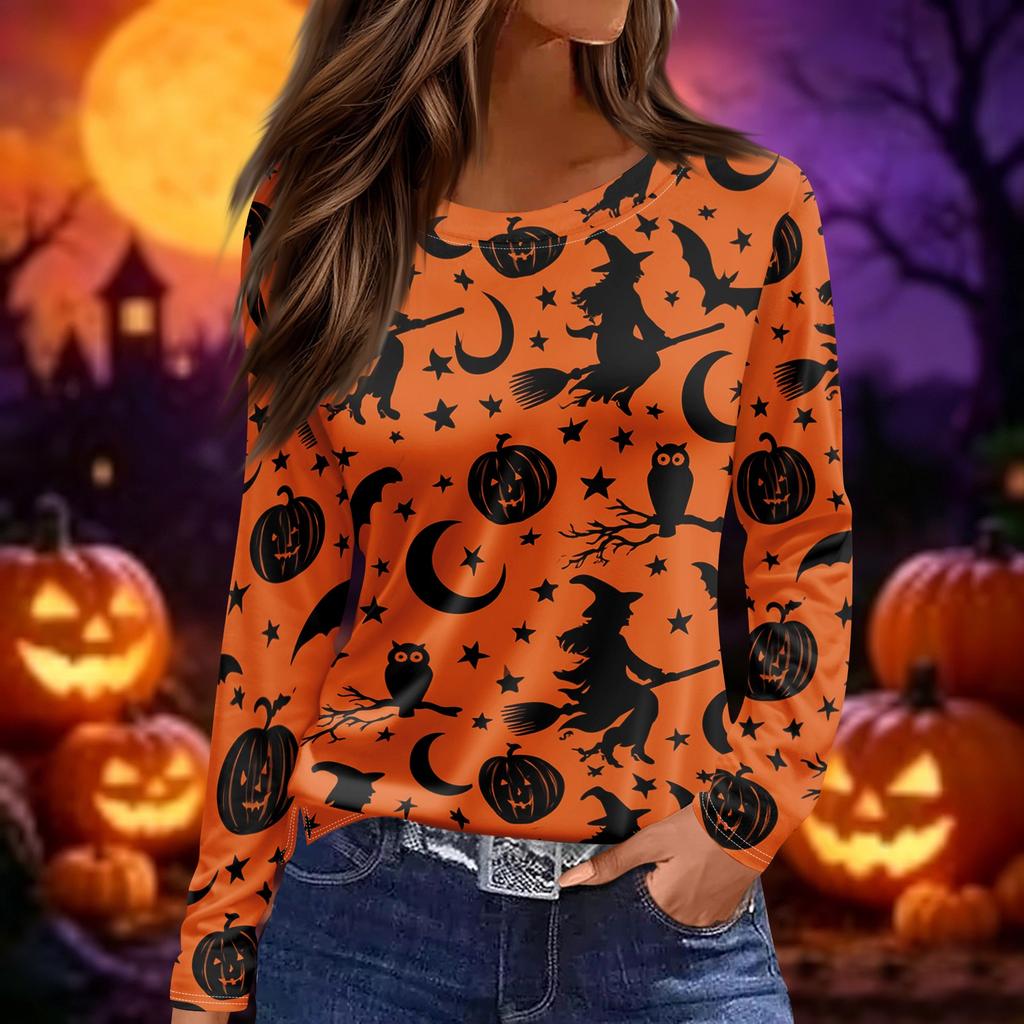 Women's Halloween Print Long Sleeve Round Neck Top with Split Hem