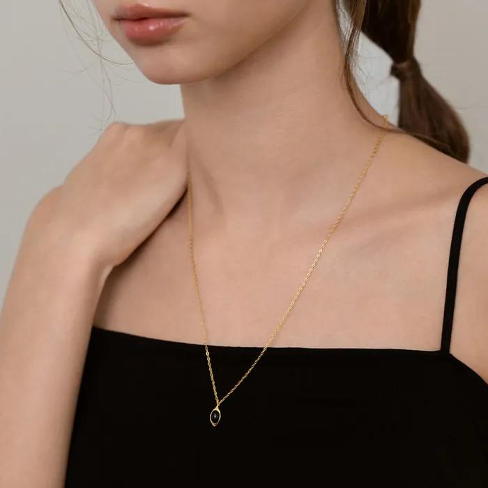 (Silver 925) Oval Stone Pendant Long Necklace NZ2504 Onyx