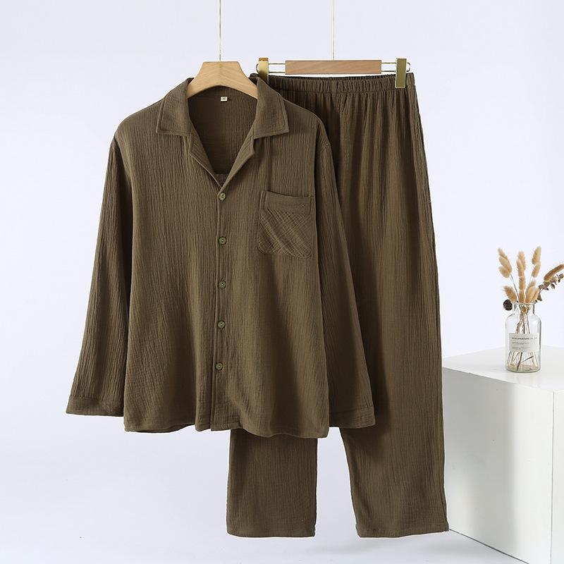 Men's pajamas spring and autumn crepe cloth pure cotton double-layer cotton yarn cardigan homewear loose large size long-sleeved trousers homewear